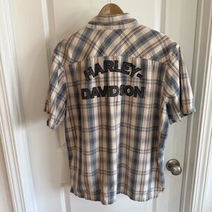Harley-Davidson Plaid Button Up Shirt Lg Tan Blue Short Sleeve Spell Out Biker